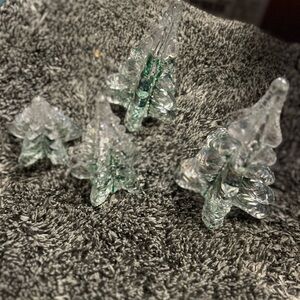 VTG Glass Iridescent Christmas Trees with Green Ribbon Swirls Tree Set of 4